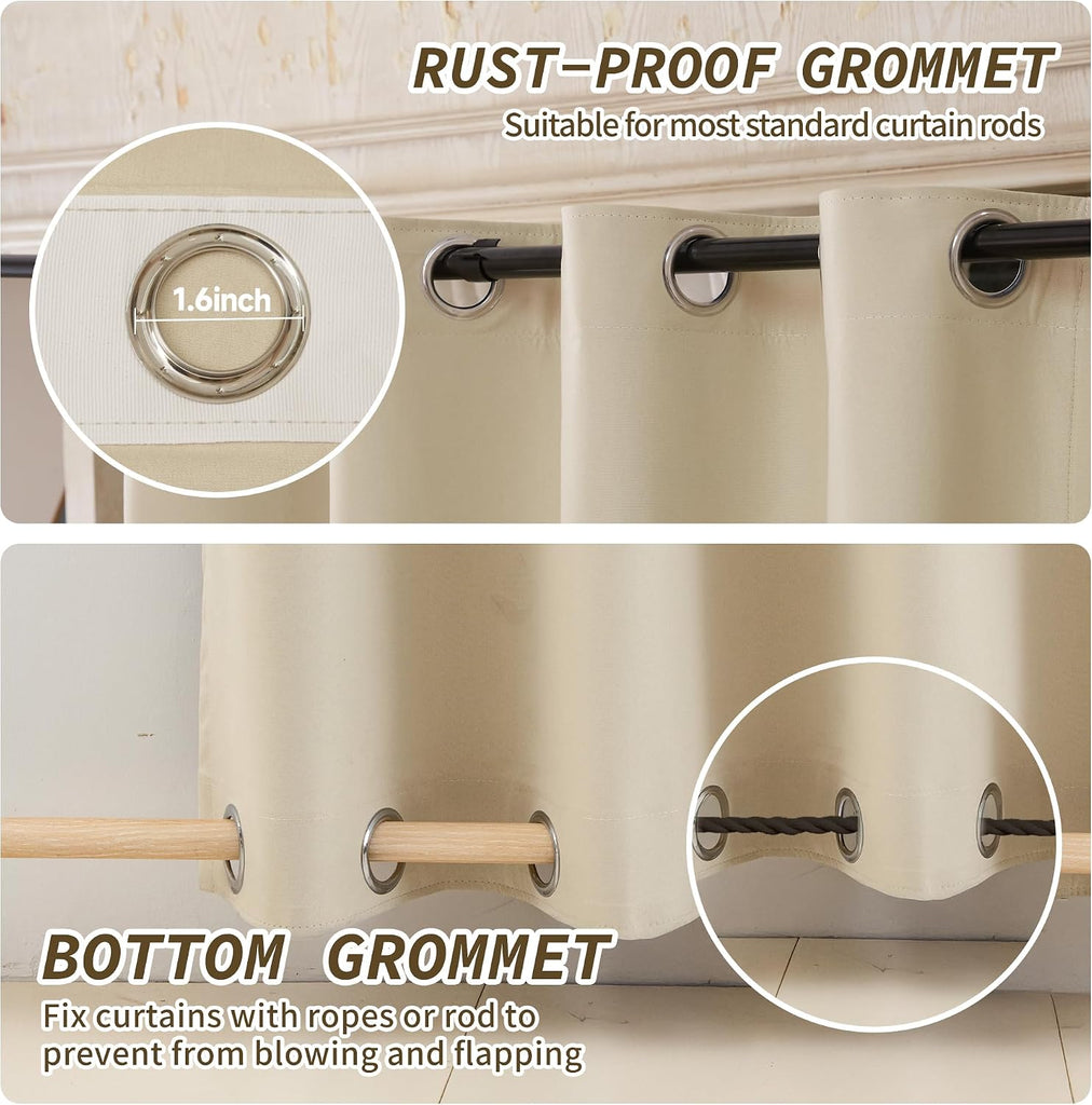 Outdoor Curtains Waterproof, Zipper Design 2 Panels Privacy Weatherproof Blackout Curtain Top & Bottom Grommet