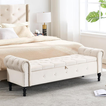 Storage Bench 67" Velvet End of Bed Benches Cream Beige | King Size Storage Bench with Rolled Arms Tufted Ottoman