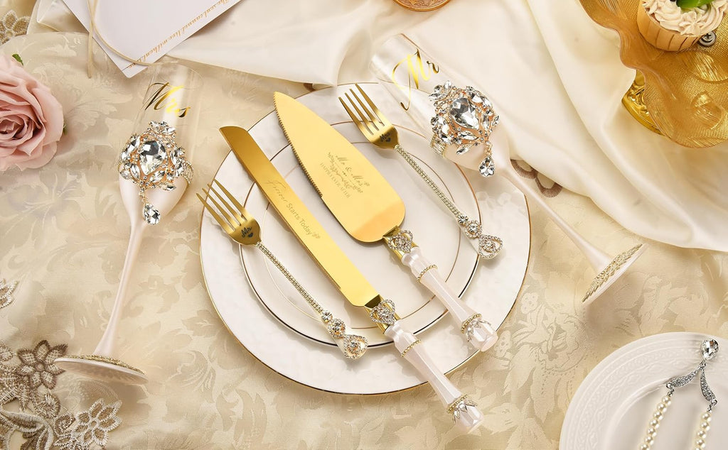Wedding Cake Cutting Set, Luxury Handcrafted Crystal Champagne Flutes with Gold Petal Rhinestones and Pendant