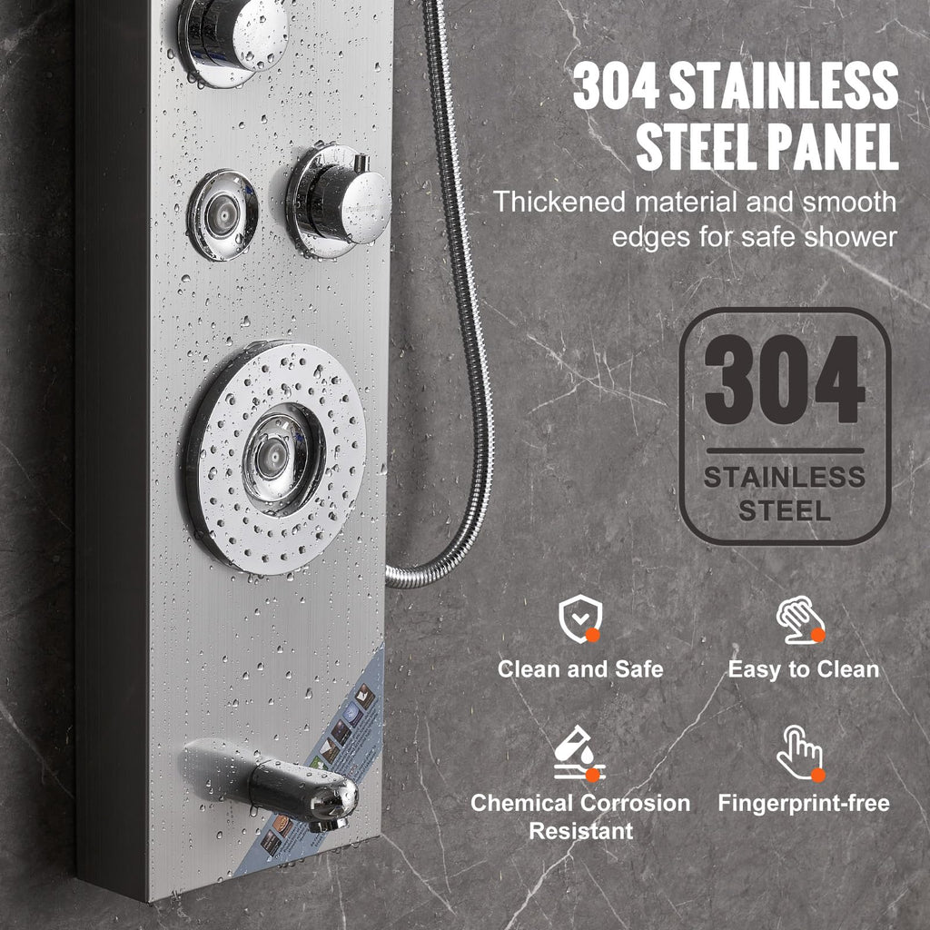 Shower Panel Tower System, 6 Shower Modes, LED & Display Shower Panel, Rainfall, Waterfall, 4 Body Massage Jets, Tub