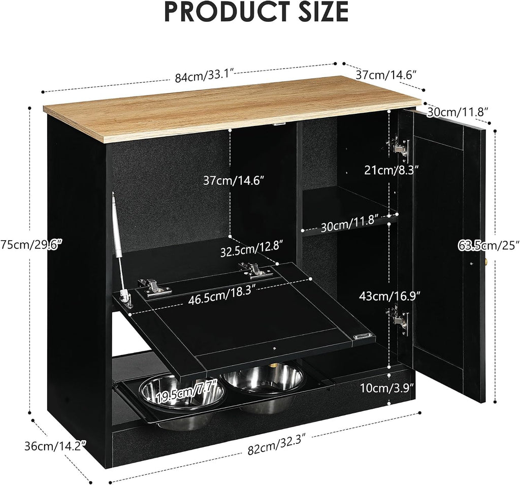 Dog Feeding Station with Wicker Storage, Dog Food Storage Cabinet with 2 Bowls & Side Hooks, Pet Organizer, Dogs