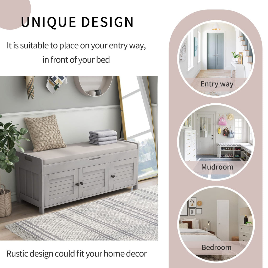 Storage Bench with 3 Shutter-Shaped Doors, Entryway Shoe Bench with Removable Cushion and Hidden Storage, Wooden