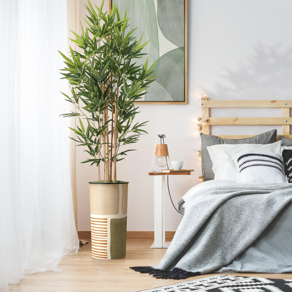 Artificial Tree in Mid-Century Green Polygon Abstract Shapes Planter, Fake Bamboo Silk Tree for Indoor and Outdoor