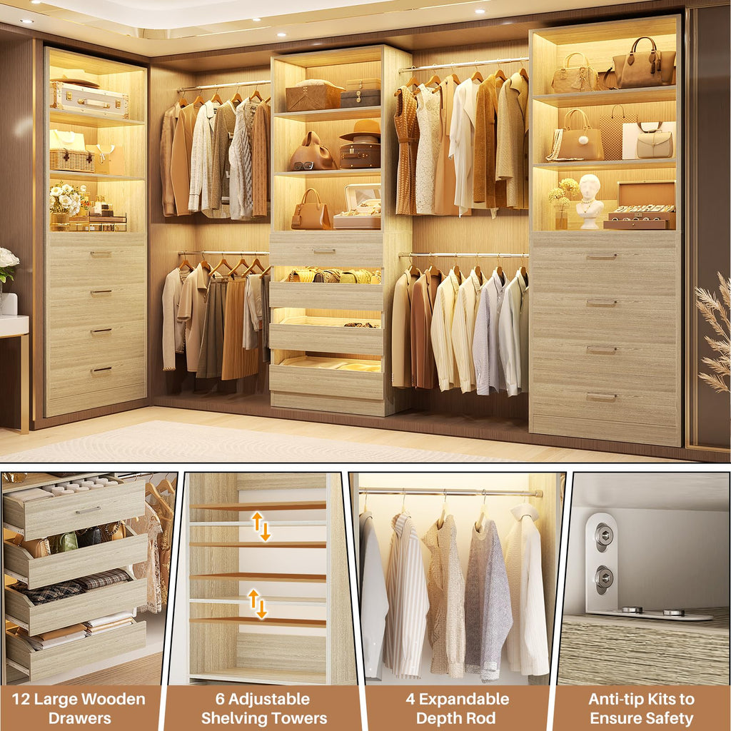 Closet System with 12 Drawers, 8.5-11.5Ft Wood Closet Organizer
