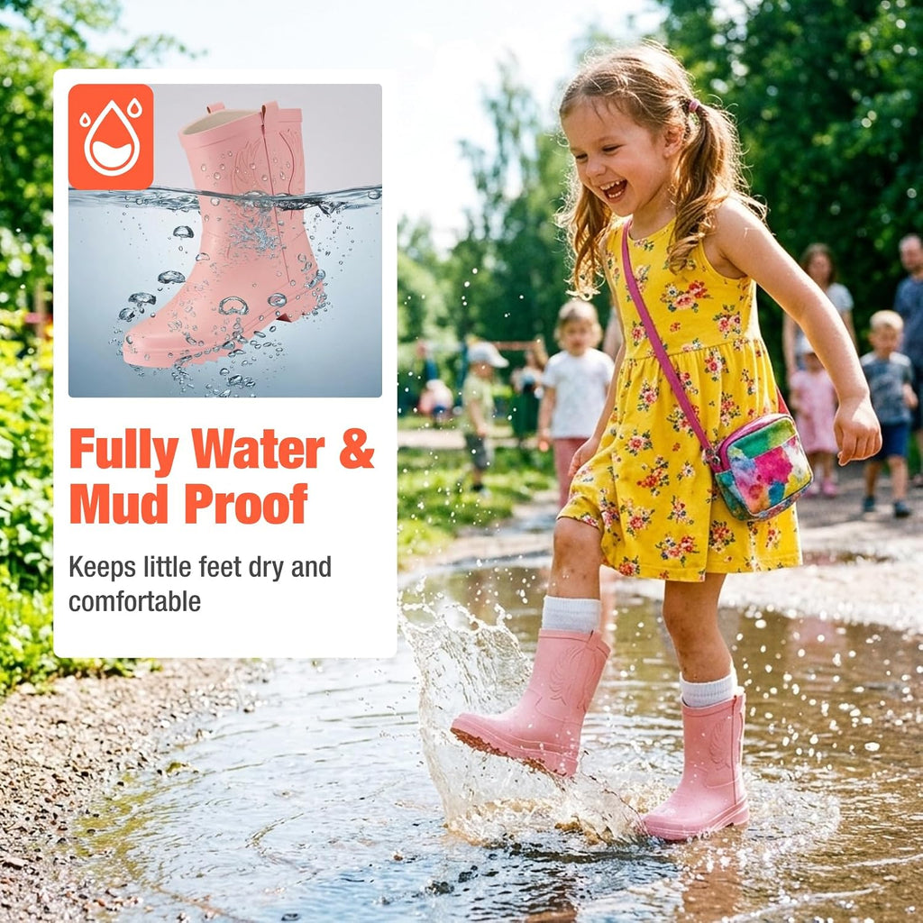 Western Cowboy Kids Rain Boots, Toddler Rubber Boots for Boys Girls