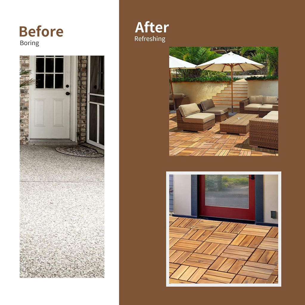 10 PCS Interlocking Patio Deck Tiles, 12 x 12in Acacia Hardwood Outdoor Flooring Tiles, 10 sq.ft Wood Composite Deck