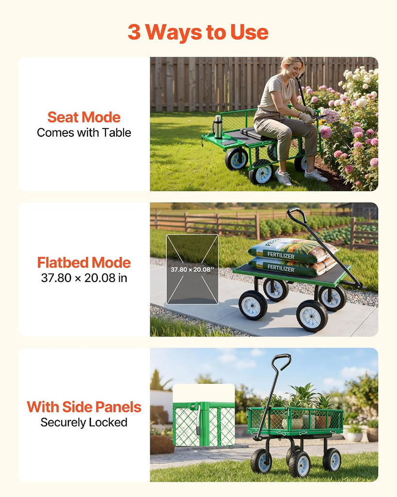 500 LBS Steel Garden Cart with Work Seat, Heavy Duty Garden Wagon Cart on Wheels, Outdoor Metal Utility Yard Wagon