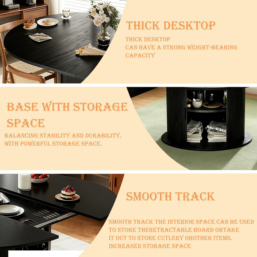 Extendable Round Dining Table for 2-4-6, 63 Inch Dining Room Kitchen Table with 2-Tier Storage Shelf, Modern