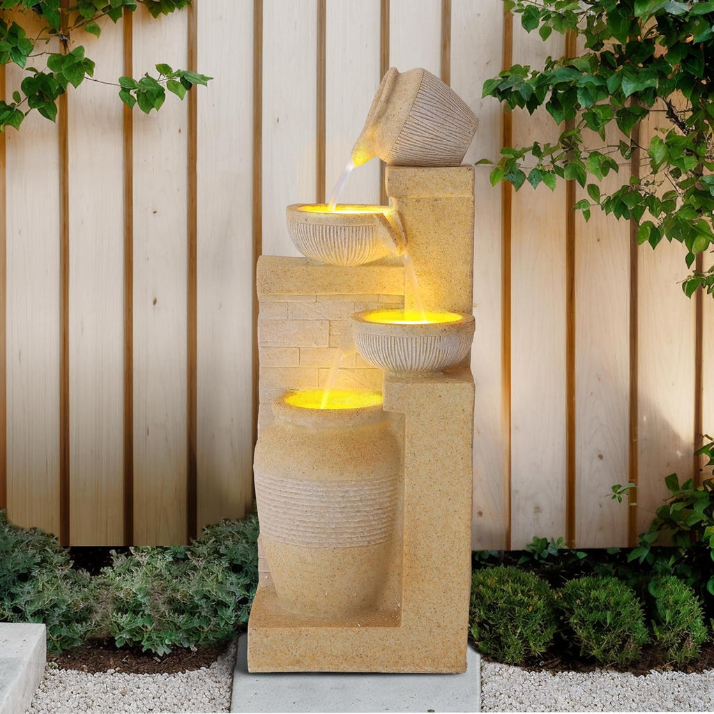 Outdoor Water Fountain, 4 Tiered Waterfall Fountains with LED Lights, Garden Bowl Waterfalls