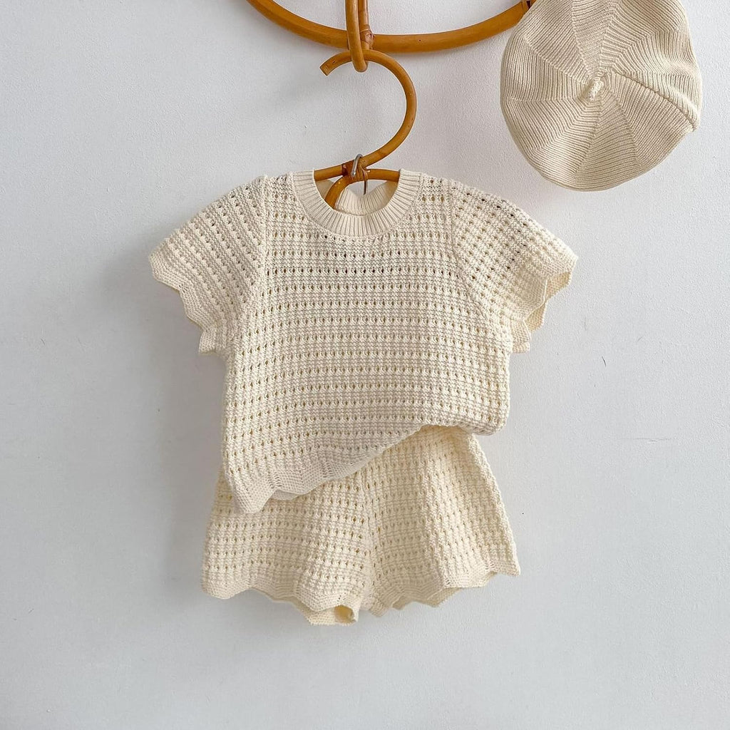 Baby Little Girls Summer Knit 2 Piece Outfit, Toddler Short Sleeve Crochet Top and Shorts Set