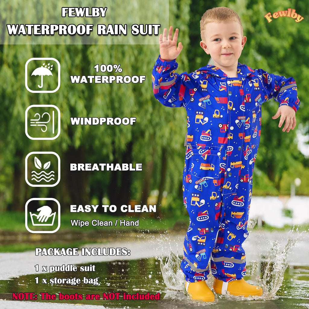 Kids Rain Suit, Toddler Raincoats One Piece Hoodie Cartoon Rain Gear Waterproof Rainwear Coveralls for Boys and Girls
