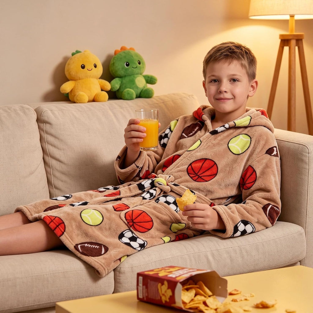 Boys Fleece Hooded Robe, Soft Print Bathrobe Kids 5-14(Ball Games5-6)