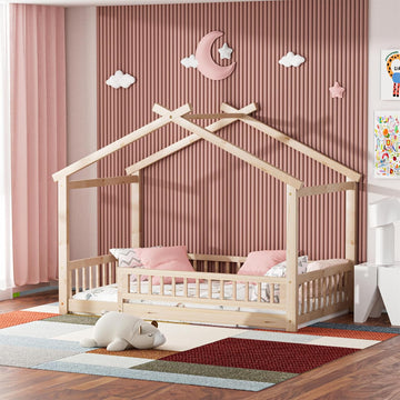 Tw Bed with Fence, Wooden Montessori Bed with Slats Support, Floor Bed Frame for Boys Girls Bedroom, Natural