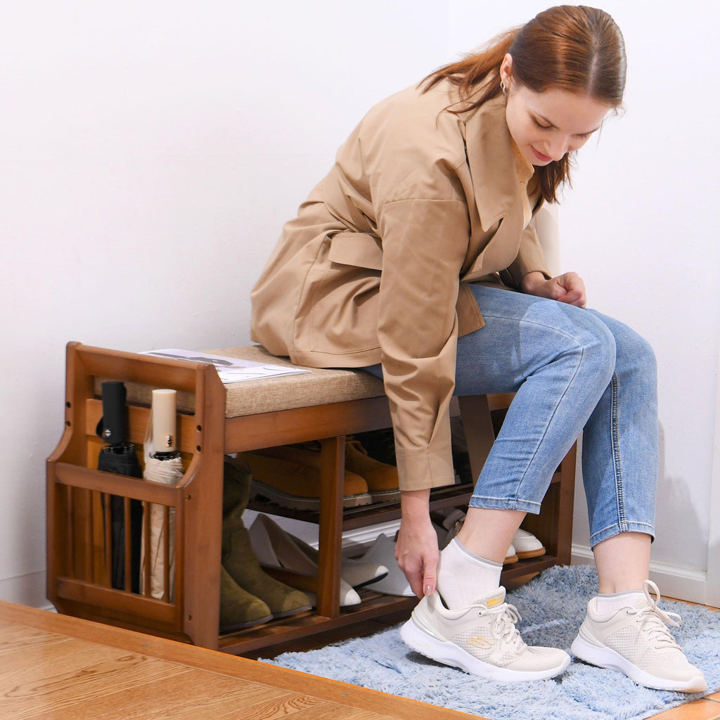 Shoe Bench with Hidden Drawer and Side Holder, 2 Tier Entryway Bench with Storage 39.4 in, Bamboo Shoe Rack with
