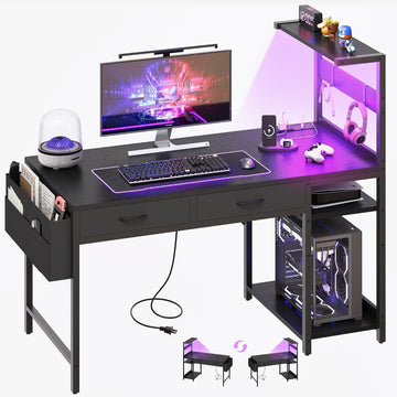 40 Inch Small Gaming Desk with Drawers & Led Lights & Storage Bag, Black | Reversible Storage Shelf, Power Outlets