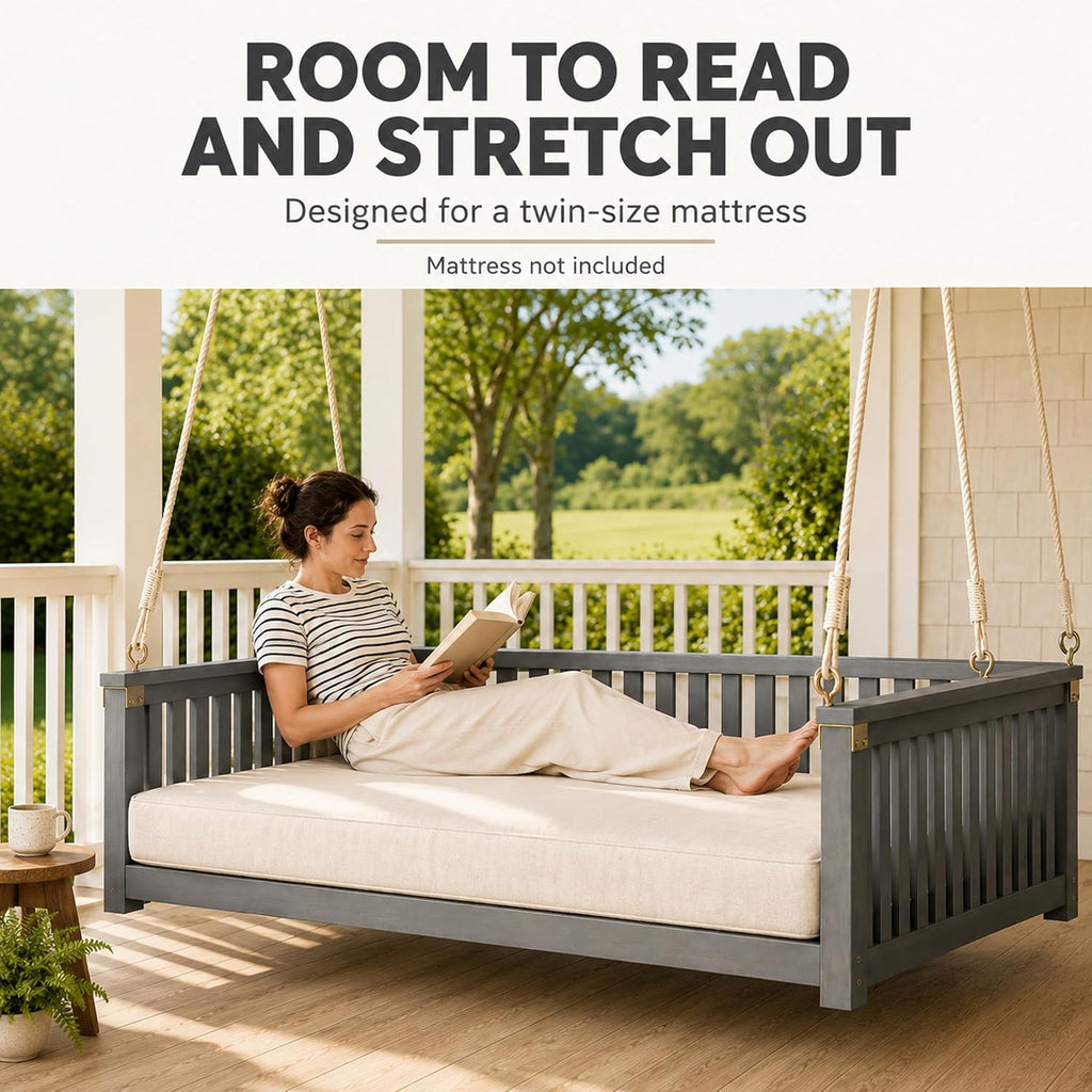 Outdoor Porch Swing Bed, Twin Size Acacia Wood Daybed (Gray) | Acacia Wood Frame, Hemp Ropes, Fits Twin Mattress