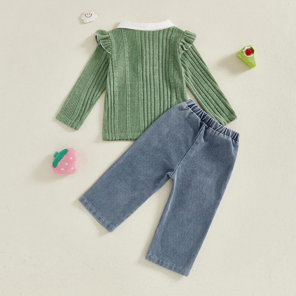 Baby Toddler Girl Outfits Ruffle Ribbed Collar Top Embroidery Jeans