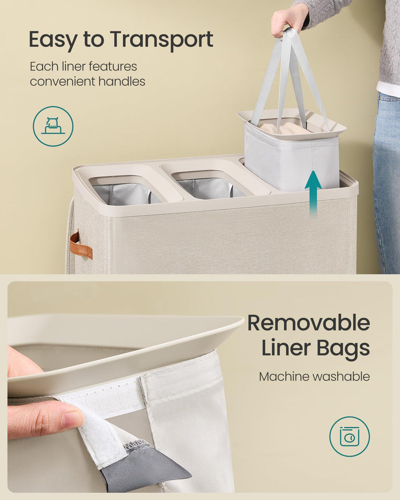 Laundry Basket, 190L Laundry Hamper with Lid, 3 Removable Bags