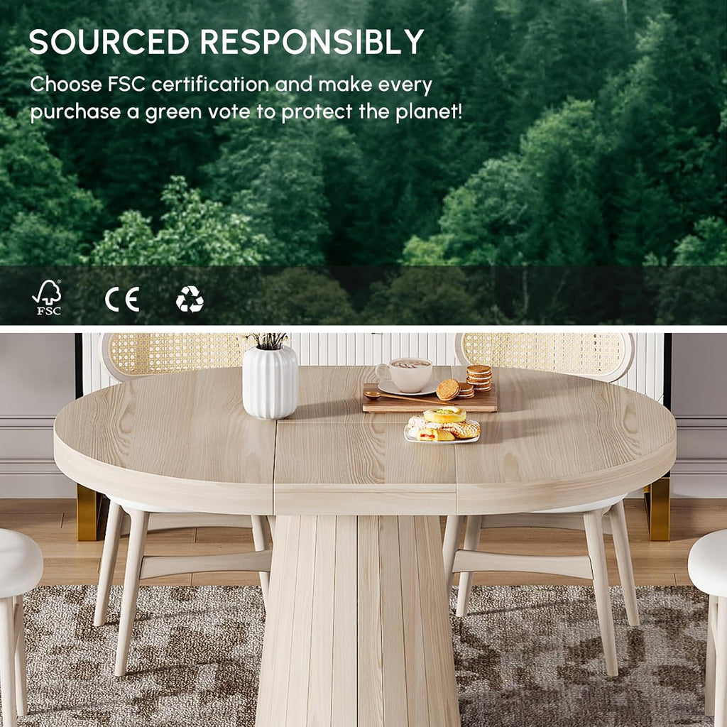 Extendable Dining Table Round-to-Oval 39"-55" with Pedestal Base - Seats 4-6, Wash White Finish, Smooth Rounded Corners