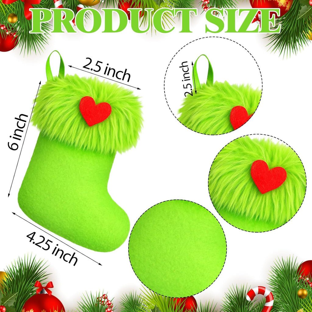24 Pcs Mini Christmas Stockings 6 Inch Green Faux Fur Stockings