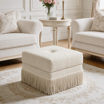 21" Square Storage Ottoman with Fringe, Small Ottoman Foot Rest, Beige