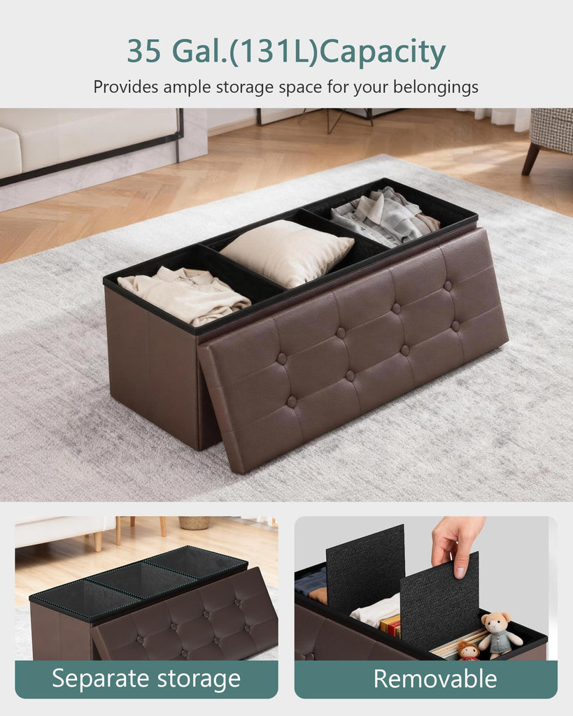 43" Storage Ottoman Bench, Folding Faux Leather Chest, Brown