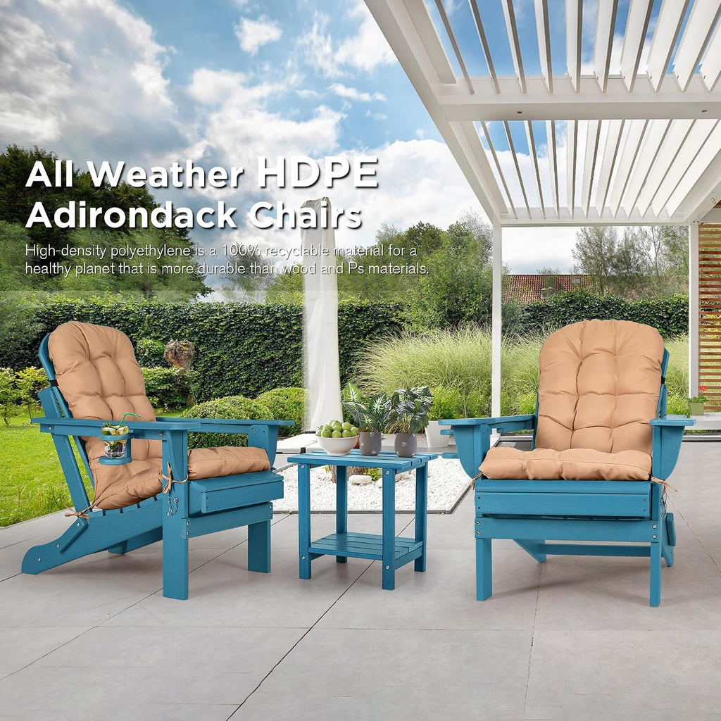 Folding Adirondack Chairs Set of 2 with Cushion with Cup Holder, HDPE Plastic Oversized Patio Chair Weather