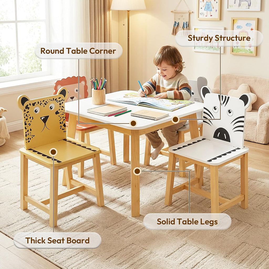 Kids Table and 4 Chairs, Wooden Stable Table and Chair Set (Elephant&Leopard&Lion&Zebra), Ideal for Arts & Crafts