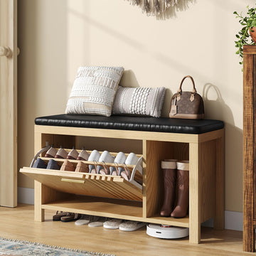 40" Shoe Storage Bench with Flip Drawers & Padded Seat Cushion