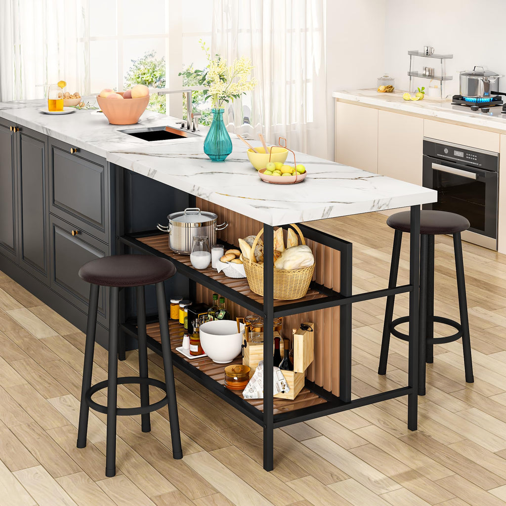 Kitchen Island with Stools & Storage, Modern Dining Table Set for 2, 3 Piece Kitchen & Dining Room Sets Island Table