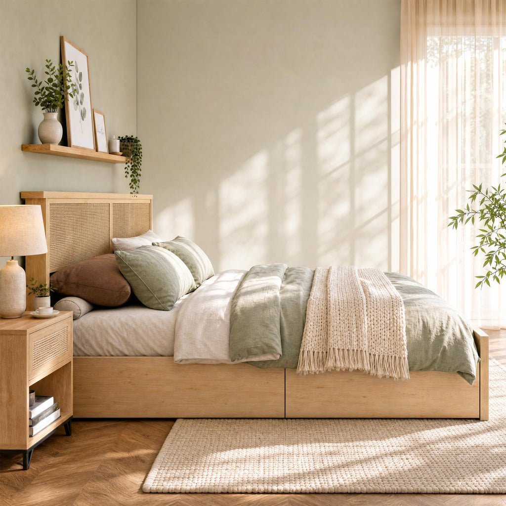 King Bed Frame with Natural Rattan Headboard and Wooden 4 Storage Drawers, Light Oak Metal Platform Bedframe with