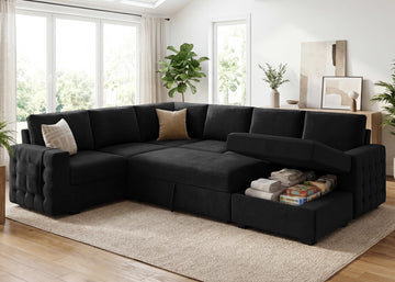 Sectional Sleeper Sofa with Pull Out Bed U-Shape Sectional Couch with Storage Chaise 6 Seater Sleeper Sectional Sofa