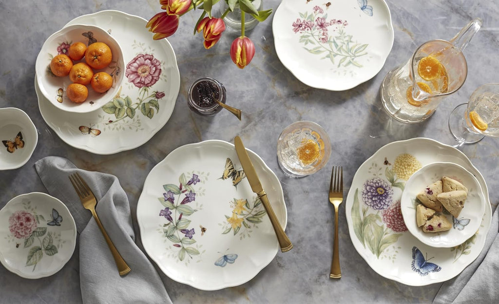 Dinnerware Set, Butterfly Meadow 28-Piece Set, Service For 4, Porcelain Plates With Scalloped Edges
