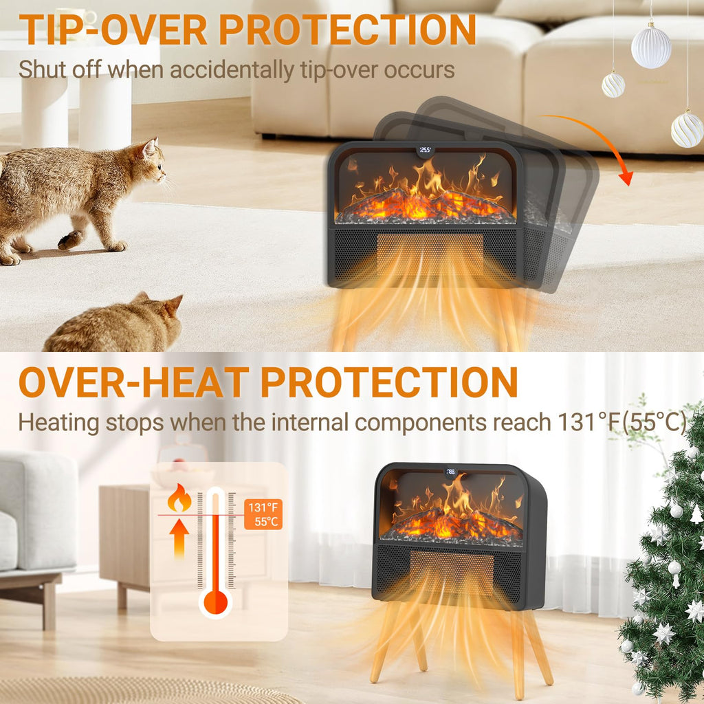 Electric Fireplace Heater, Ultra-Thin Electric Fireplace Stove with Realistic Flame & Solid Wood Stand, 17" Portable