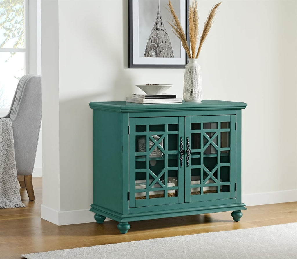 Elegant Small Spaces Accent Cabinet, Teal Green | Solid Wood, Glass Doors, Vintage Sideboard, Small TV Stand , Turned