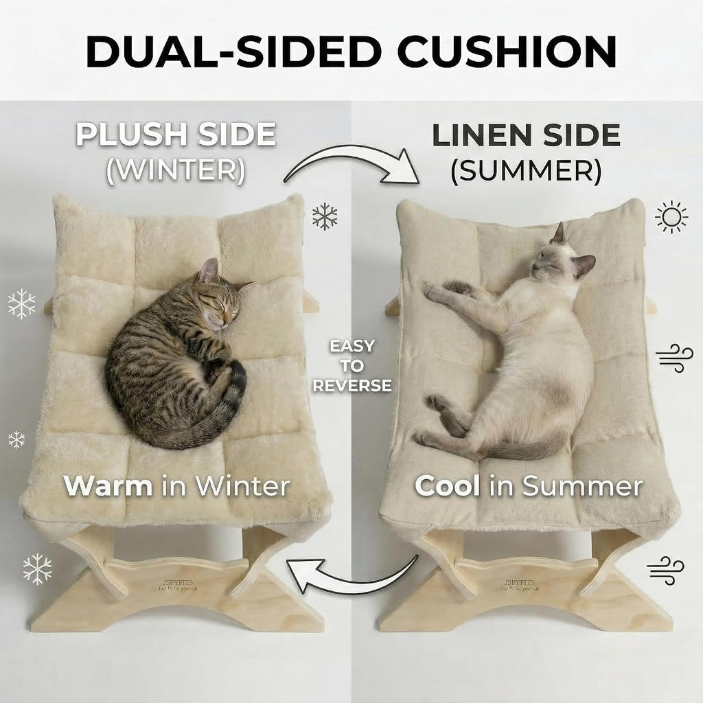 Elevated Cat Bed Hammock, Raised Cat Bed with Dual-Sided Plush & Linen Cushion, Machine Washable & Breathable Cover