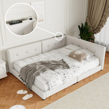 Queen Size Modern Upholstered Platform Bed with USB Ports, Floor Daybed with Wood Slat Support/Queen,Beige
