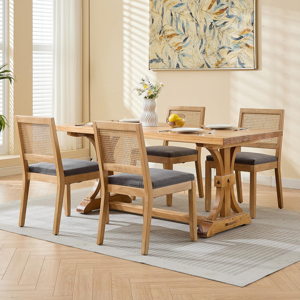 French Country Dining Chairs Set of 8, Grey Modern Kitchen & Dining Room Chairs, Rattan Dining Chair with Linen