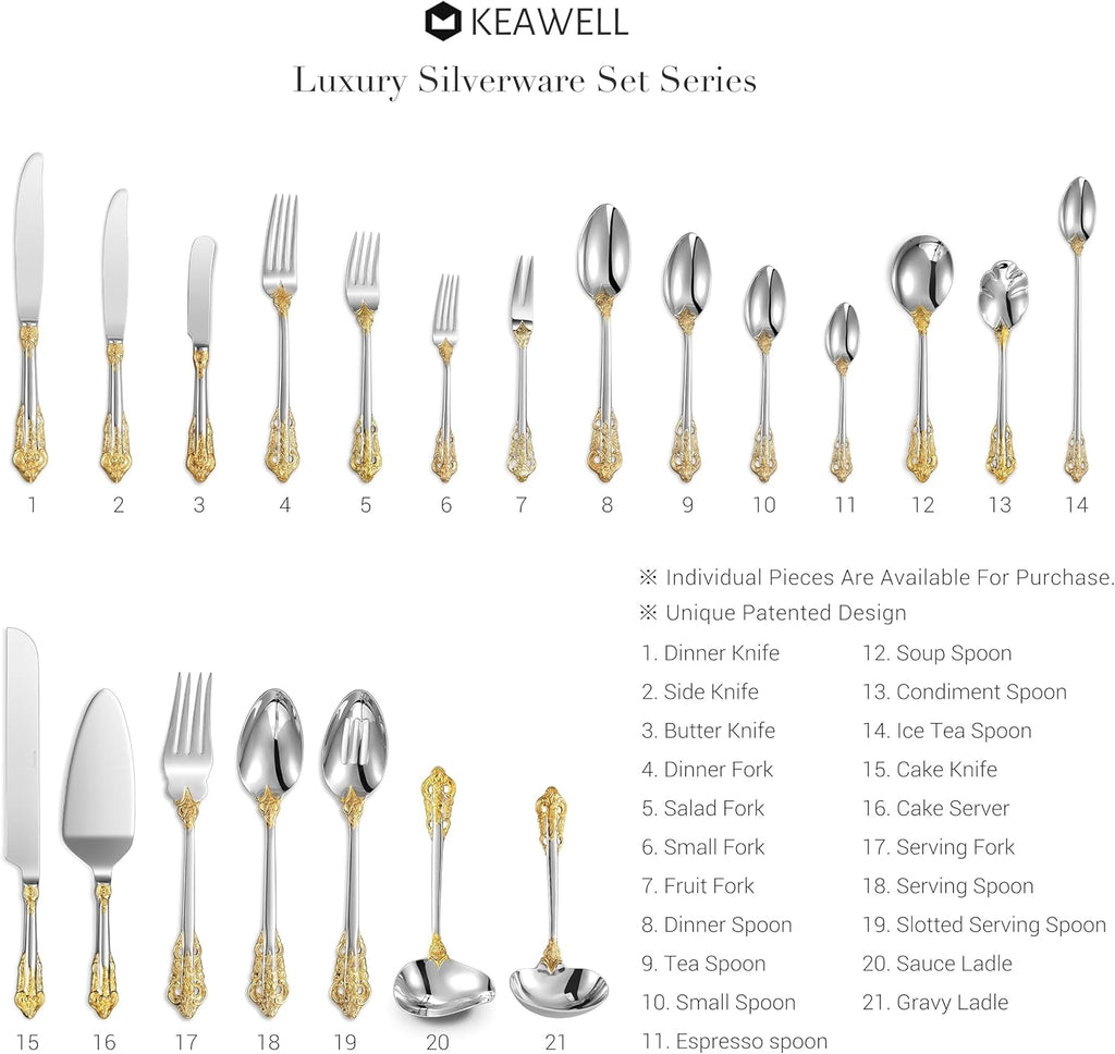 Luxury 20 Pieces 18/10 Stainless Steel Flatware set, Service for 4, silver plated with gold accents