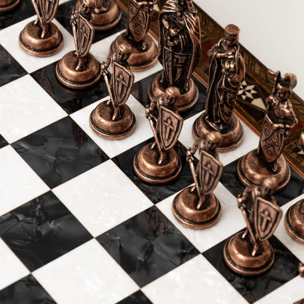 Luxury Handmade Wooden Chess Set with Metal Pieces - 12.2'' Decorative Storage Chess Board - British Themed Chess