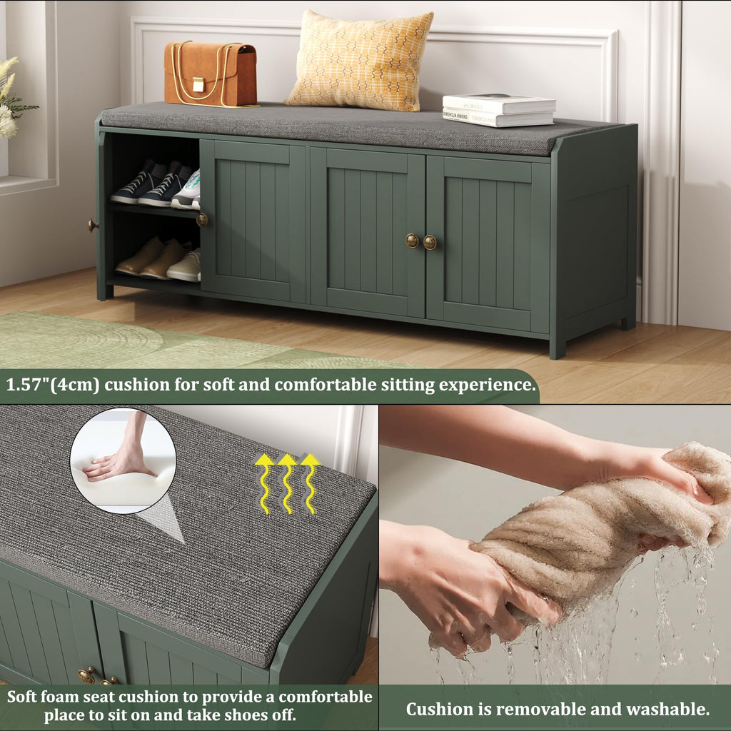 48.4" Shoe Storage Bench with Cushion, Entryway Bench with Paddded Seat, 2-Tier Shoe Cabinet Bench with Adjustable