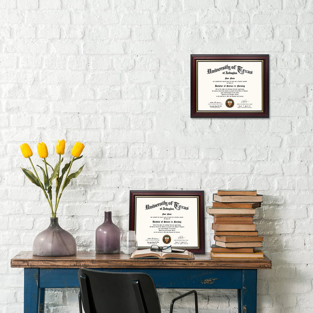 8.5x11 Certificate Diploma Frame, Solid Wood & UV Protection Acrylic, Cherry Finish with Gold Trim