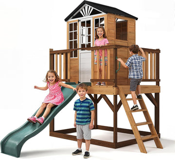 9-in-1 Outdoor Playhouse with Slide & Sandbox - Natural Fir Playset for Kids Ages 3-10, Includes Play Kitchen, Growth