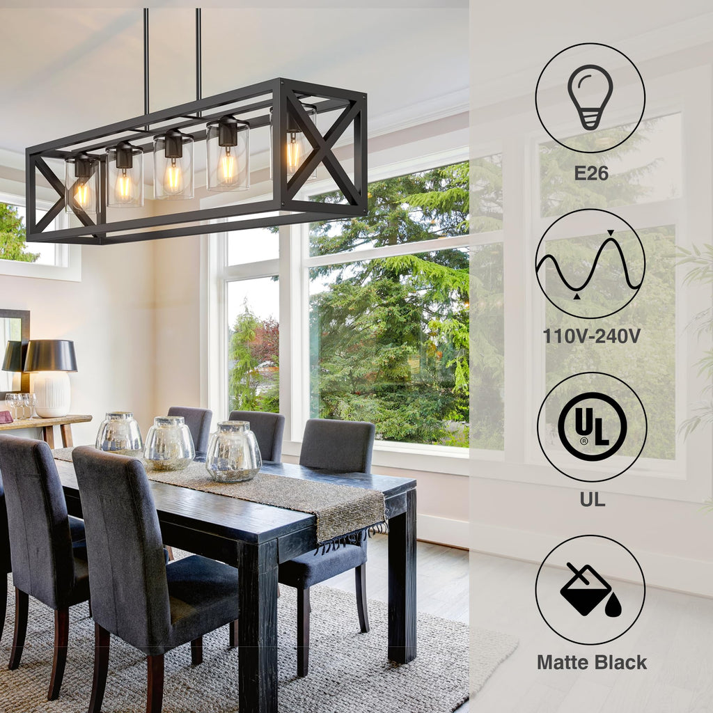 Farmhouse Dining Room Light Fixture - 5 Light Matte Black Rectangle Light Fixture with Adjustable Height & Thickened