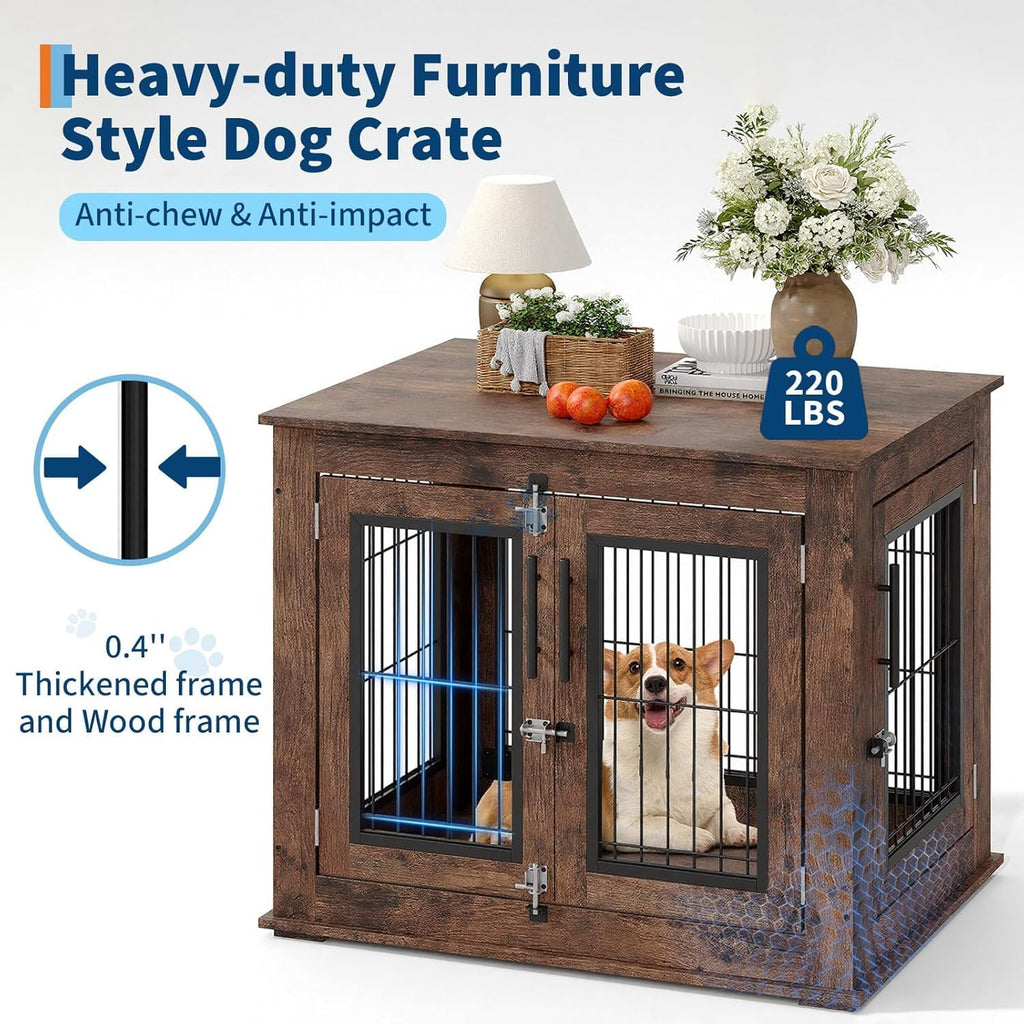 31" Inch Dog Crate Furniture, Small to Medium Pet Cage with Double Doors, Chew-Resistant Wooden Indoor Dog House