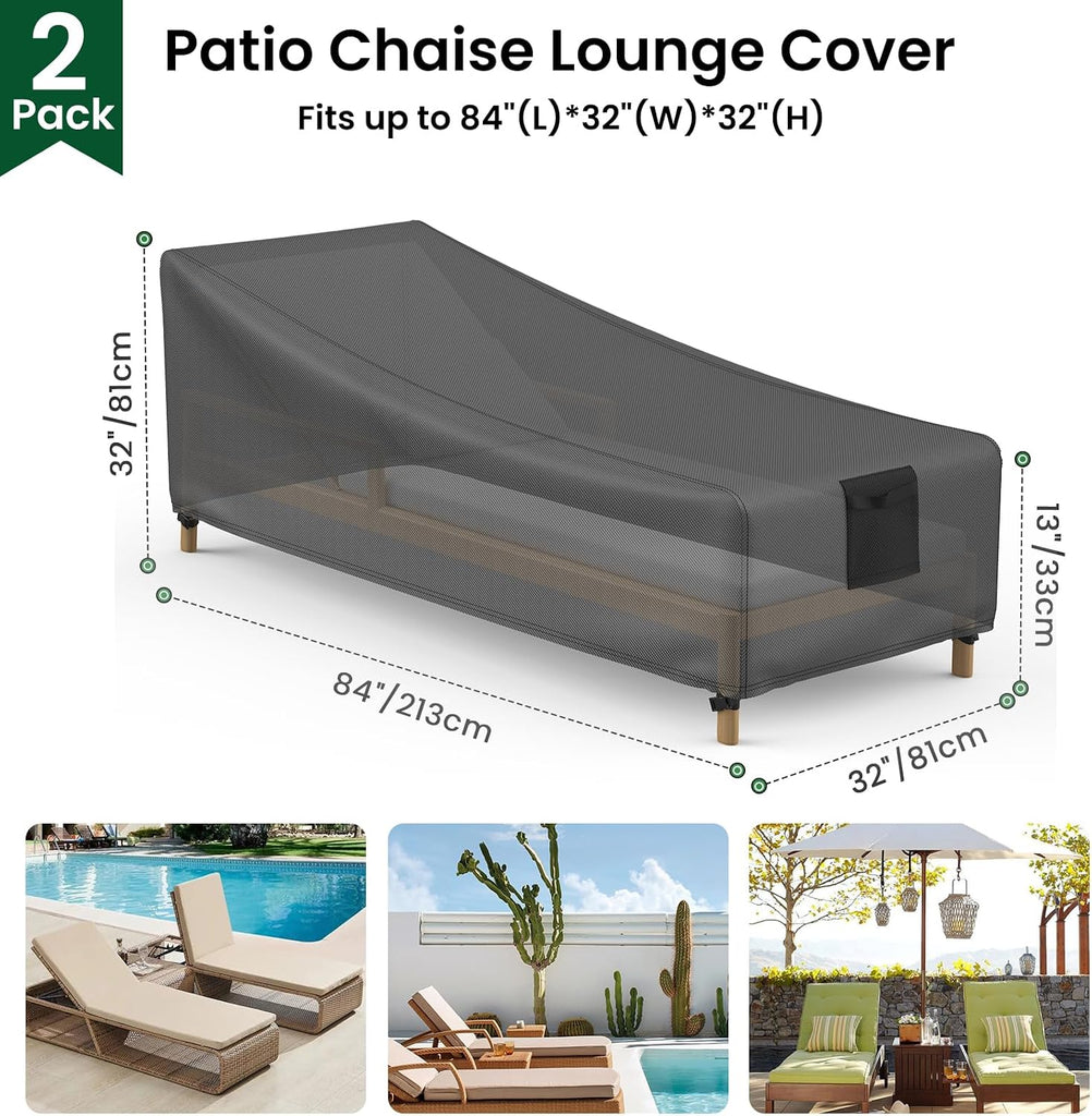 Patio Chaise Lounge Chair Covers Waterproof 84"Lx32"Wx32"H, 2 Pack | Resists Rain, Dust and UV, Fits Outdoor Lounge