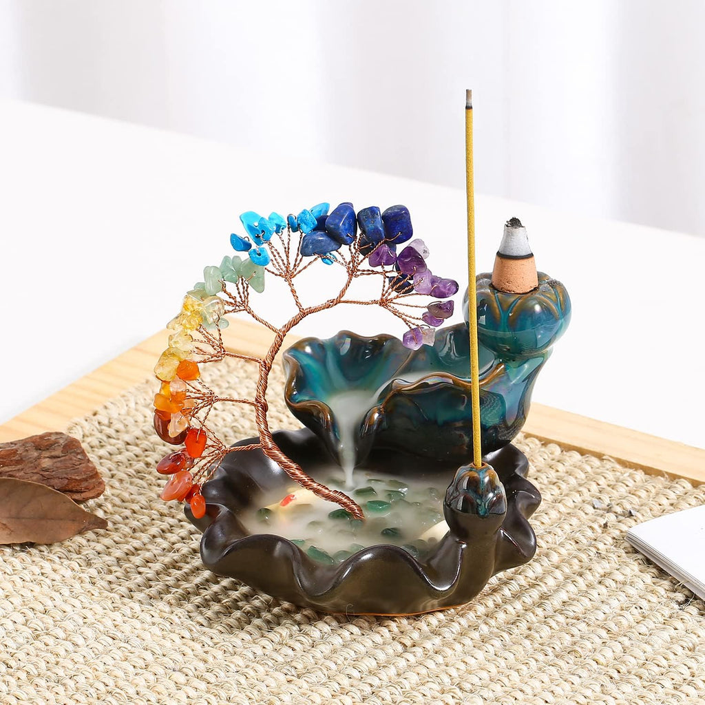 Backflow Incense Burner Ceramic Incense Waterfall 7 Chakras Crystal Tree Incense Holder Namaste Yoga Meditation