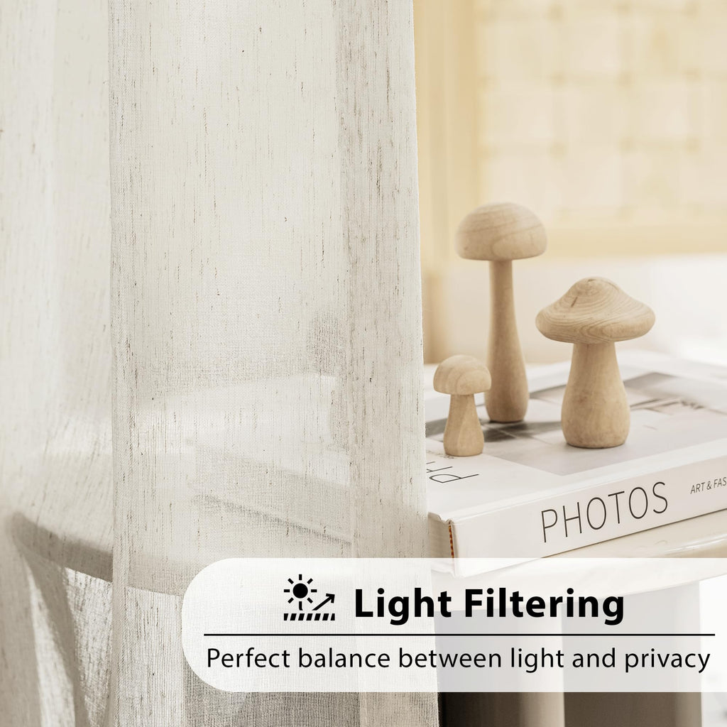 Beige Linen Sheer Curtains, 108 Inches, 2 Panels