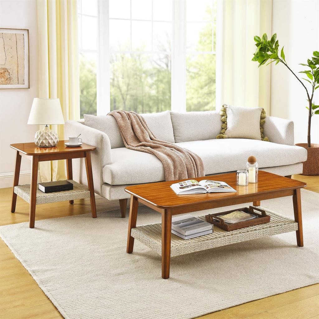 23'' Square Solid Wood Side Table, Handmade Natural Rattan Side Table Coffee Table, Office Apartment Small Space
