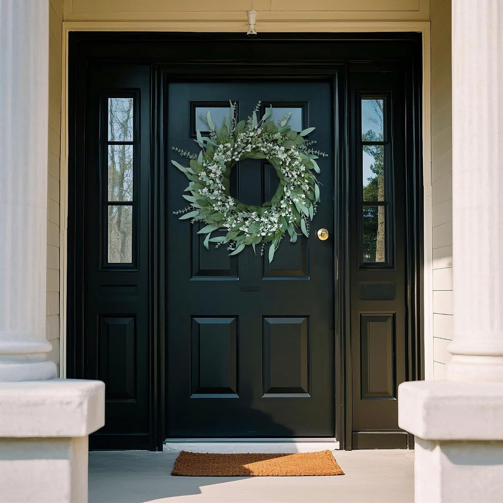 26" Large Artificial Eucalyptus & Flower Wreath for Front Door(Green-White)